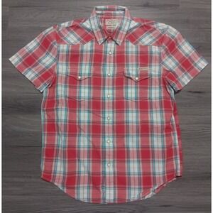 Lucky Brand Men's Red White Blue Plaid Pearl Snap Western  Cowboy Shirt Size M